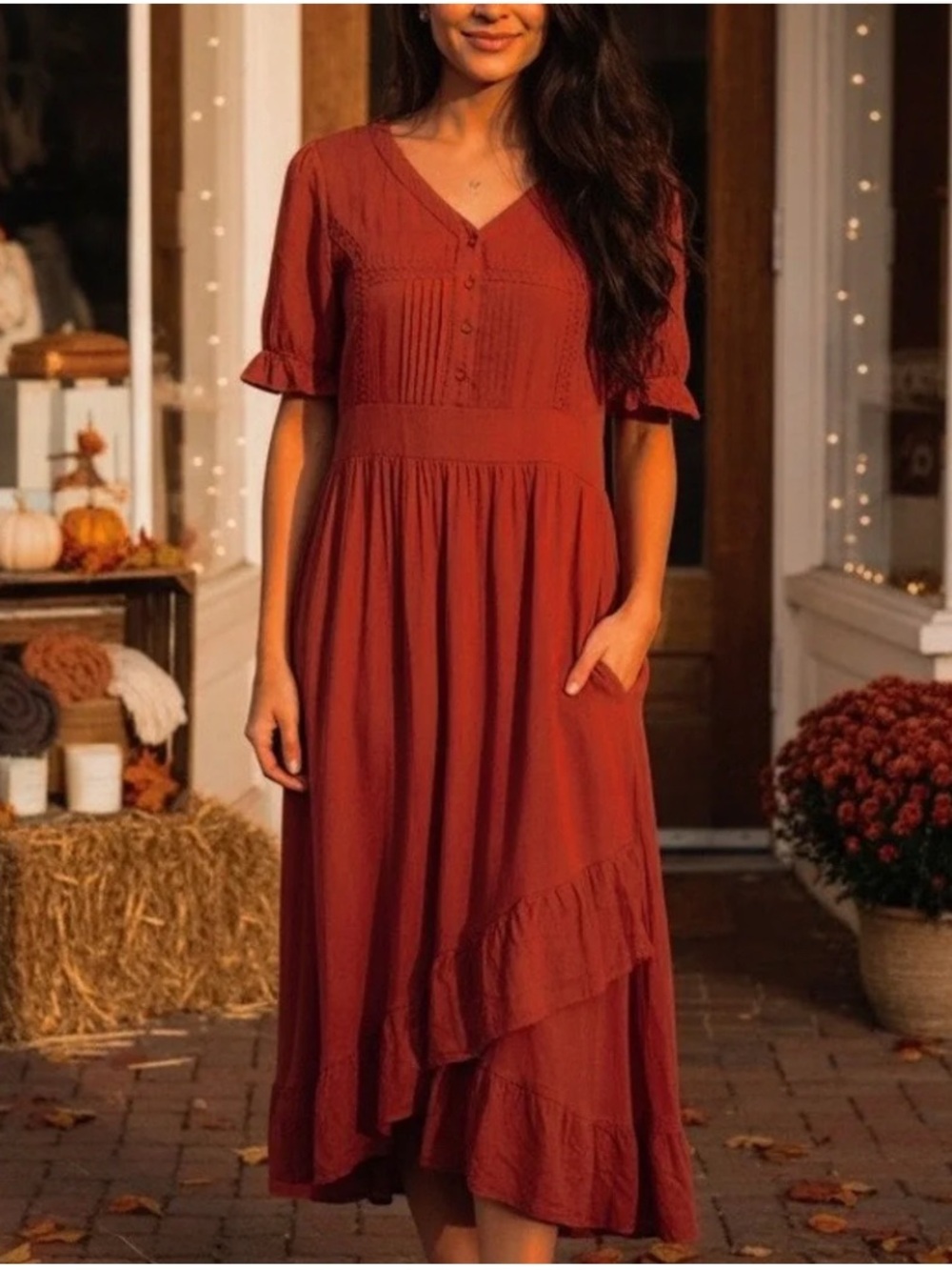 Baltic Born Hannah Lace Trim Midi Dress 2XL Rust Orange Modest Trad Wife Boho